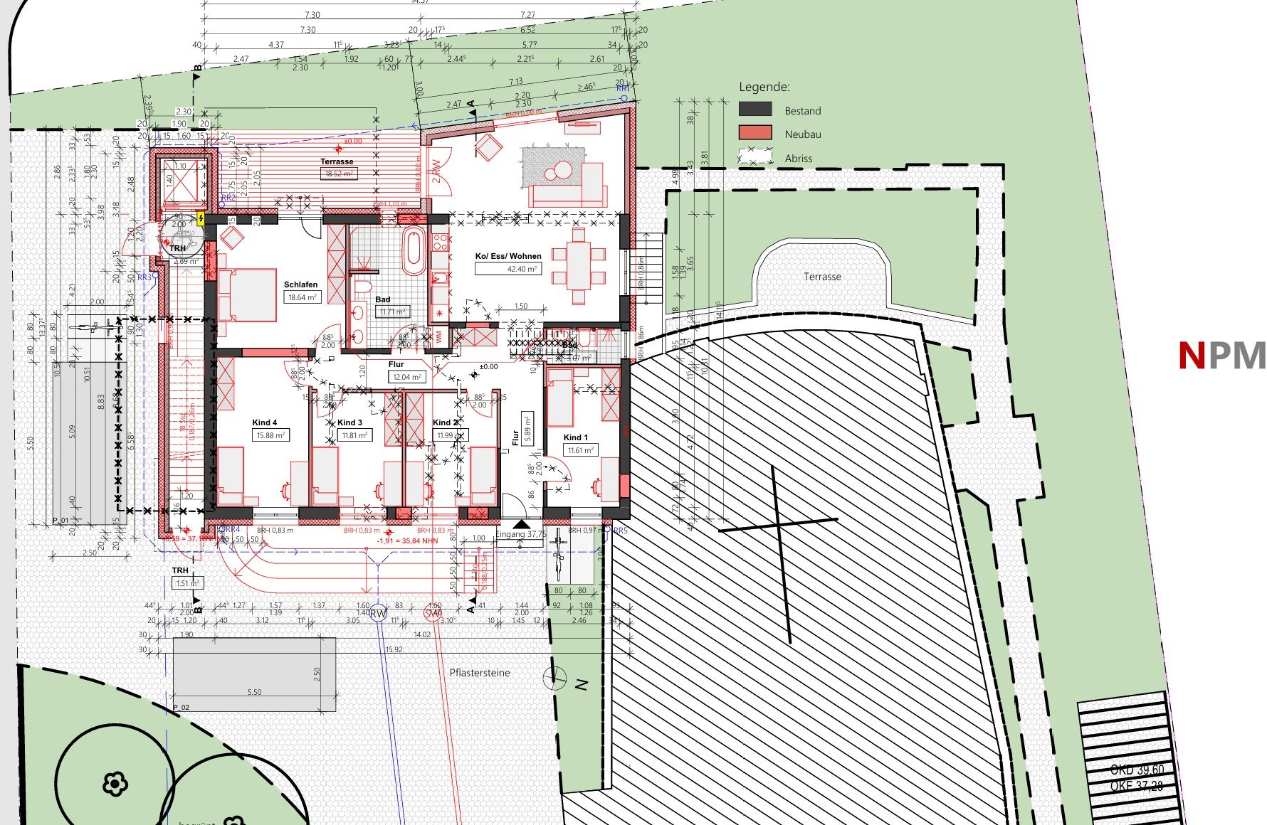Lageplan und Grundriss für den Umbau und die Erweiterung eines Bestandsgebäudes